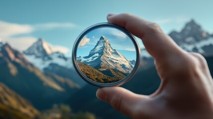 Hand Holding Camera Lens Displaying Sharp Detail of Mountain Landscape with Clear Blue Sky and Snow-Capped Peaks in the Background