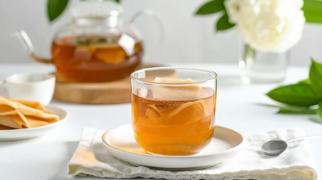 Glass of Kombucha Tea with SCOBY, Kettle, and Crepes on a White Table, with Minimalist Aesthetics