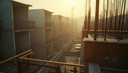 Construction Site at Dawn: Building Progress in Urban Area, Housing Development