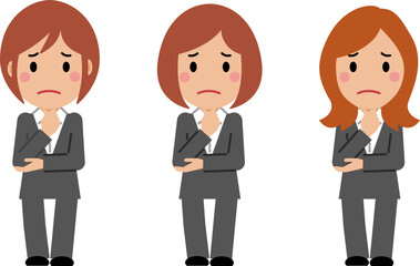 あごに手を当て困り顔のグレースーツの若い女性