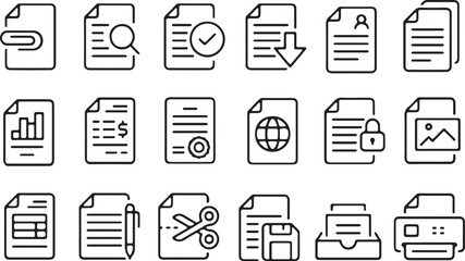 Thin line icon set of document file folder form sheet report record attachment invoice checklist. Symbol collection. Pixel perfect icons, editable stroke.