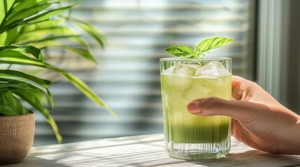 Hand Holding Iced Matcha Latte with Condensation on Glass Near Plant in Bright Indoor Setting
