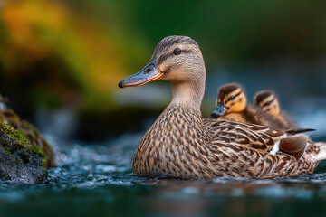 Obraz premium Mother duck with two fluffy ducklings swimming in shallow stream against soft blurred green and yellow background