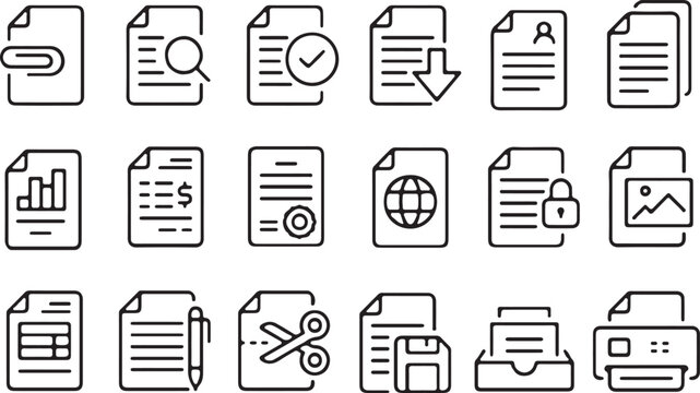 Thin line icon set of document file folder form sheet report record attachment invoice checklist. Symbol collection. Pixel perfect icons, editable stroke.
