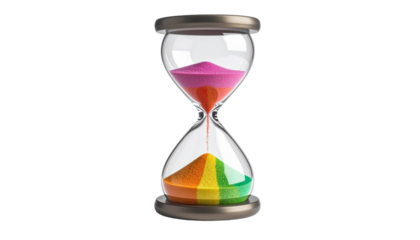 A stylized hourglass with colorful sand flowing from the upper to the lower chamber isolated on solid white background Png format 