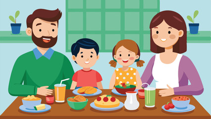 Cartoon Family of Four Dining Together at Table with Food and Drinks