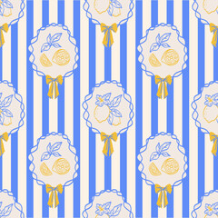 Vintage seamless pattern summer vibes. Hand draw lemons in ribbon frame with bow. Vacation vector illustrations in ink line doodle sketch image for fabric, wrapping paper.
