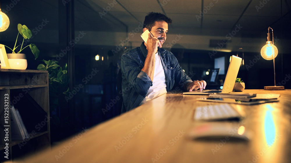 Poster laptop, phone call and programmer at night for research, web design deadline or office project. crea