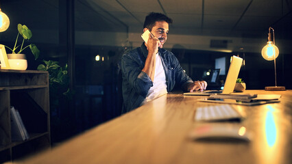 Laptop, phone call and programmer at night for research, web design deadline or office project....