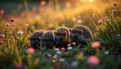 Obraz premium Enchanting Family of Hedgehogs in a Meadow at Sunset, Wildlife Photography
