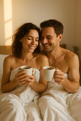 First Light: Couple in Bed with Morning Sunlight and Coffee