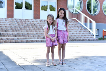Two little sisters at school. Back to education