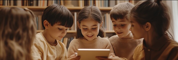 Four young pupils collaborating on a school project while using a tablet in the library, surrounded by shelves filled with books, fostering teamwork and a love for learning