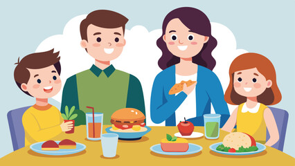 Happy Cartoon Family Enjoying Meal Together at Dining Table with Various Foods
