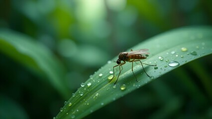 Fototapeta premium Mosquito sitting on a green leaf in a tropical rainforest, dew drops around, shallow depth of field.
