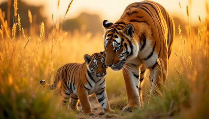 Obraz premium Majestic Tiger and Cub Walking in Golden Grassy Field During Sunset, Serene Wildlife Scene