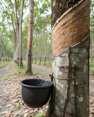 Fototapeta premium Rubber tree with a black plastic cup attached to it, row of trees in the background