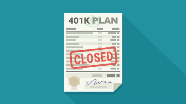 Appearance of a 401K plan and red stamping of the wording "CLOSED" in flat design style on a blue background with long shadow