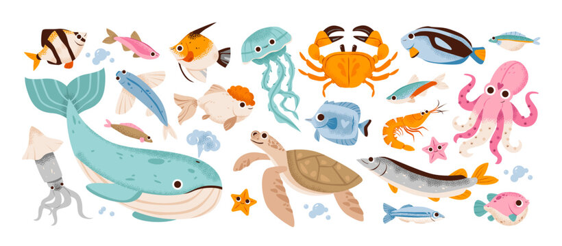 Сute marine animals. Underwater animal for kids with whale, turtle, jellyfish and squid. Sea creatures in a flat vector style, ocean wildlife, eco-friendly.