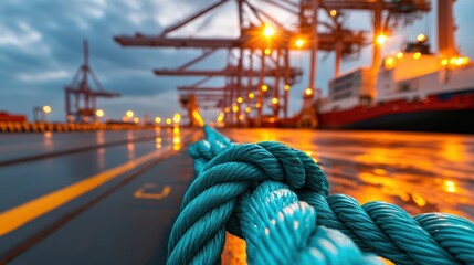 Coiled Heavy Duty Industrial Ropes Arranged Efficiently on a Ship Dock with Cranes and Urban Aesthetic in the Background
