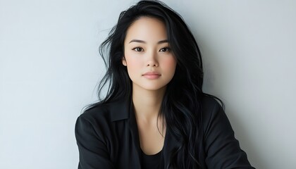Close-up portrait of a woman with long black hair.