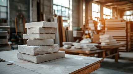 Stacked Industrial Ceramic Tiles with Rough Textures in a Bright Workshop Setting Showcasing High Fidelity Textures and Details