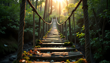 Suspension Bridge Leading Through a Lush Green Forest with Morning Sunlight