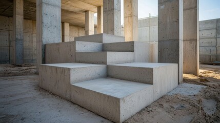 Industrial Concrete Slabs with Rough Surfaces Arranged Strategically in an Architectural Construction Site Setting