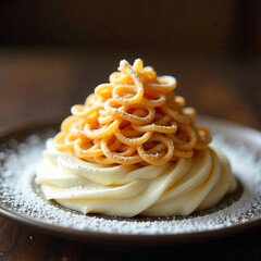 Mont Blanc dessert with chestnut purée noodles, whipped cream base, powdered sugar dust, artistic French patisserie