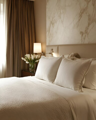 A luxurious bedroom with a marble feature wall, plush bed linens, and soft, ambient lighting
