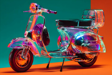 Fototapeta premium Vibrant and modern representation of a classic scooter illuminated with vivid colors showcasing retro charm and artistic creativity