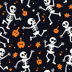 Halloween seamless pattern skeletons dancing orange leaves