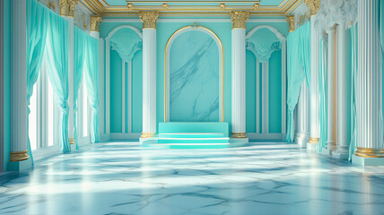 Elegant realistic view of a turquoise blue royal palace with magnificent, luxurious column architecture. Impressive, grand, ornate interior palace fantasy. Blue corridor, hall with columns 
