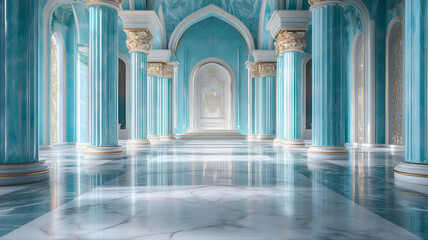 Elegant realistic view of a turquoise blue royal palace with magnificent, luxurious column architecture. Impressive, grand, ornate interior palace fantasy. Blue corridor, hall with columns 