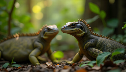 Fototapeta premium Two magnificent lizards gazing at each other amidst a lush forest setting