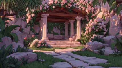 Fototapeta premium Serene Garden Path Ancient Ruins Flowers Stone Steps Columns Tranquil Oasis Lush Gre