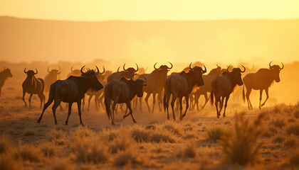 Fototapeta premium Wildebeest migration at sunrise, symbolizing african wildlife and natural environment