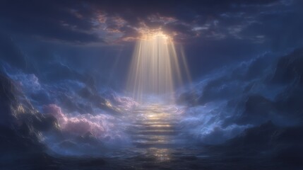 Fototapeta premium Divine Light Beams on Mystical Mountain Path Fantasy Landscape Cinematic