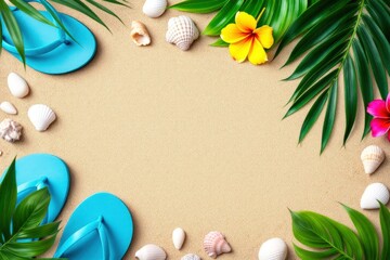 Beach scene with flip flops and tropical elements on sand