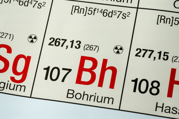 Bohrium German periodic table of elements macro close-up chemical physical description