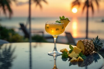 Cocktail with Pineapple on Table at Sunset
