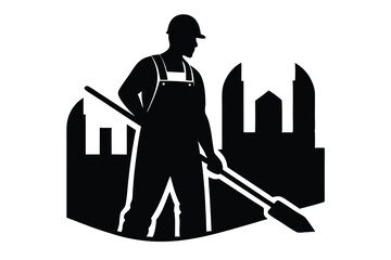 Black Silhouette Construction Worker in Overalls with Shovel, with City Skyline in Background