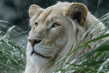 Obraz premium Majestic white lion gazes thoughtfully in a lush green setting with raindrops glistening on its fur, embodying strength and grace in nature's sanctuary