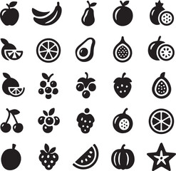 Set of Fruit Icons Black Vector Fruit Silhouettes Including Mango, Orange, Banana, and Berries