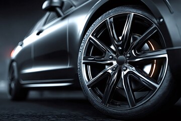 Close-up of a sleek, black car highlighting its polished chrome alloy wheel, reflecting light and emphasizing the vehicle's luxury and performance