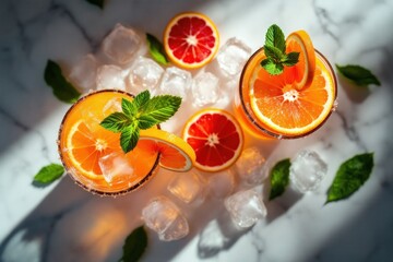 Fresh citrus drinks with ice and mint on marble surface