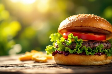 Juicy burger with lettuce and tomato on a wooden table in natural light