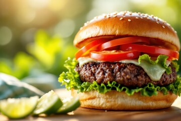 Juicy hamburger with fresh toppings on a wooden surface