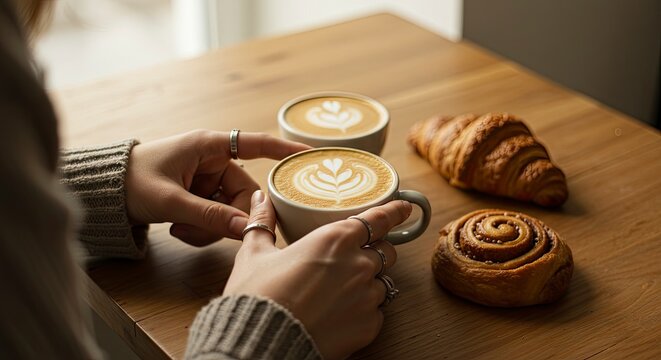 Woman's Hands Holding Two Latte Cups with Croissants and Cinnamon Rolls on Wooden Table