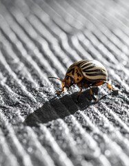 Insect crawls across wooden surface during daytime